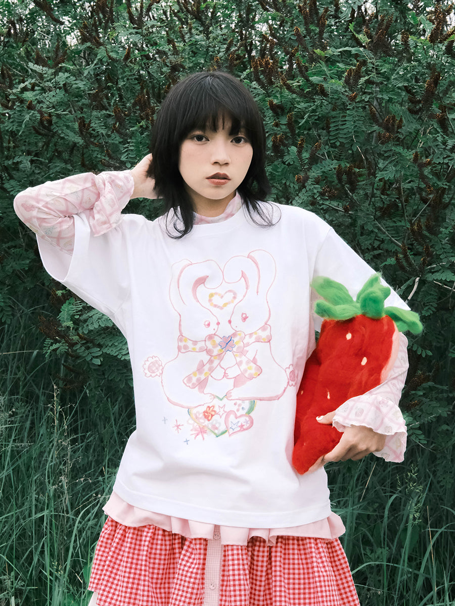 Meugler Animal Paradise Double Bunny & Heart/Star Puppy Print Couple White T-shirt tshirt Meugler