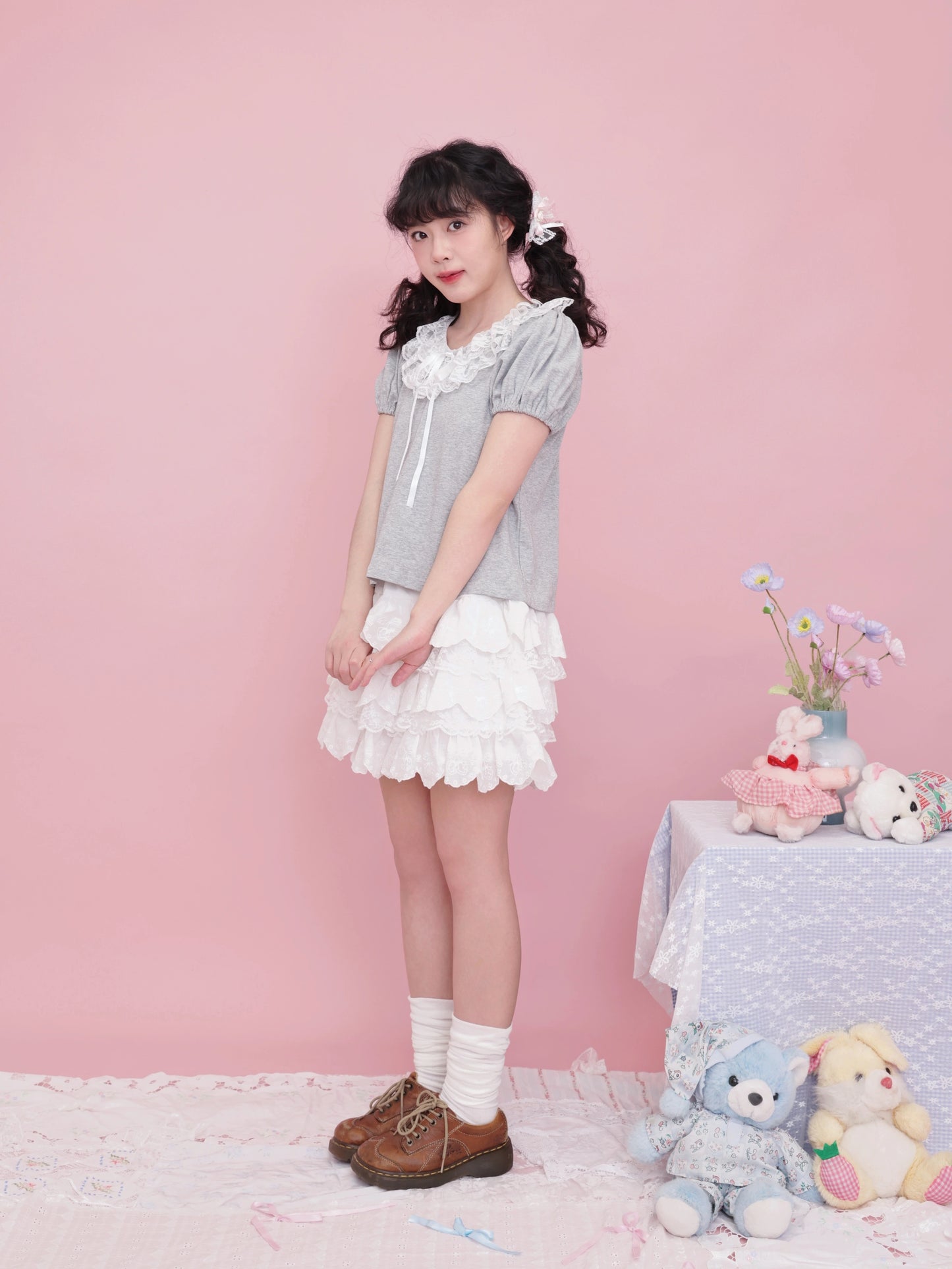 SemenCoicis Vintage Ruffle Collar Tee | Kawaii Puff Sleeve Cotton Top tshirt SemenCoicis