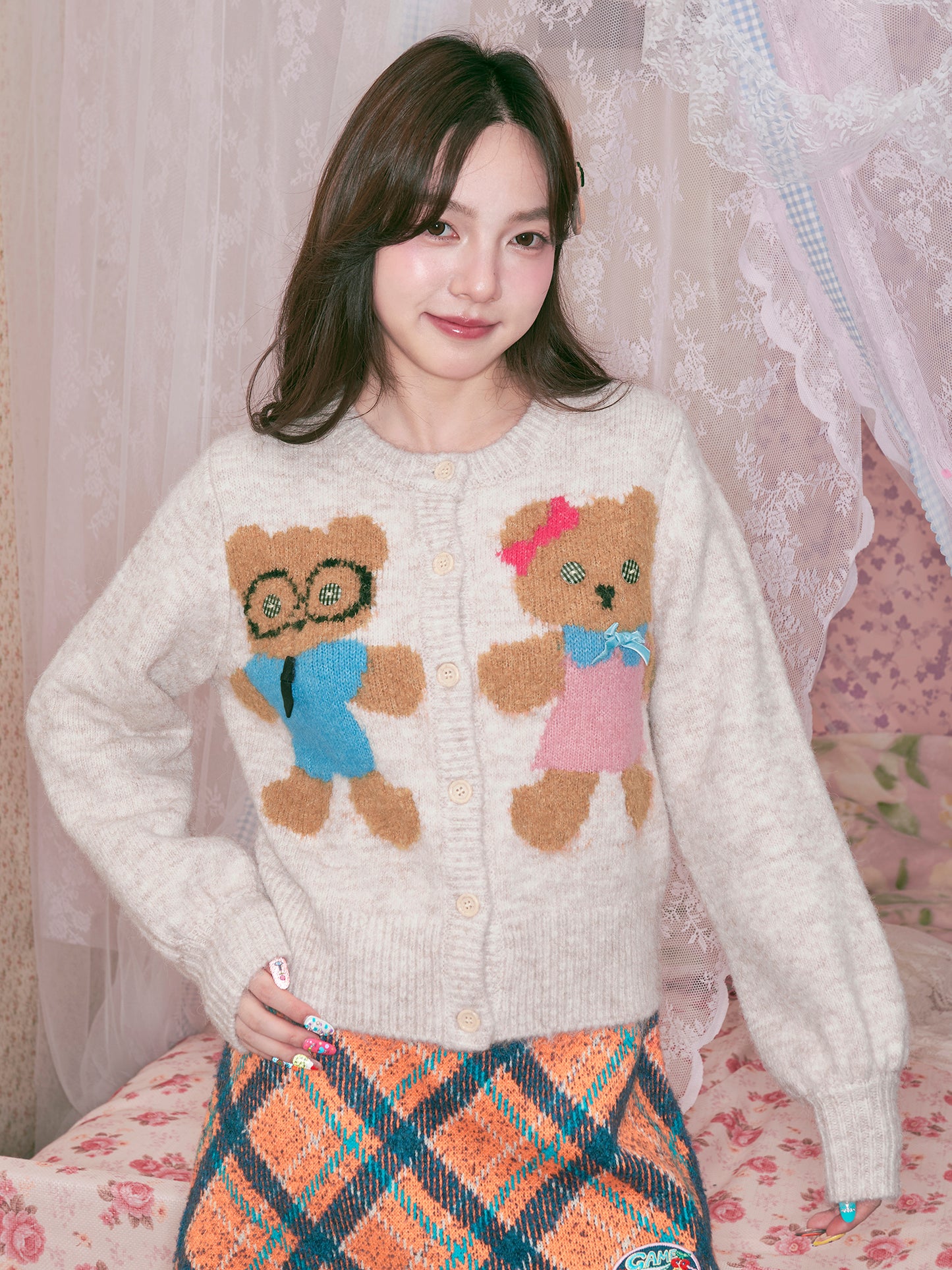 tntntutu - Beige & Charcoal Teddy Plush Knit Cardigan cardigan tntntutu