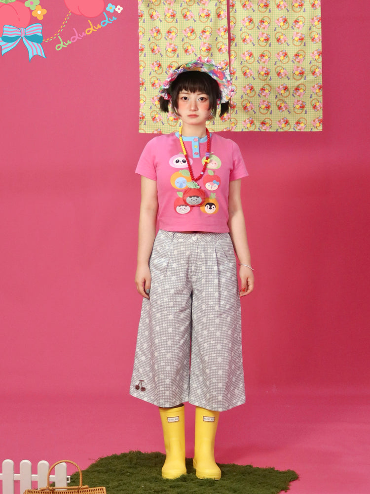 Kawaii Cropped Pants – Plaid Cherry Cutout pants LULULULU