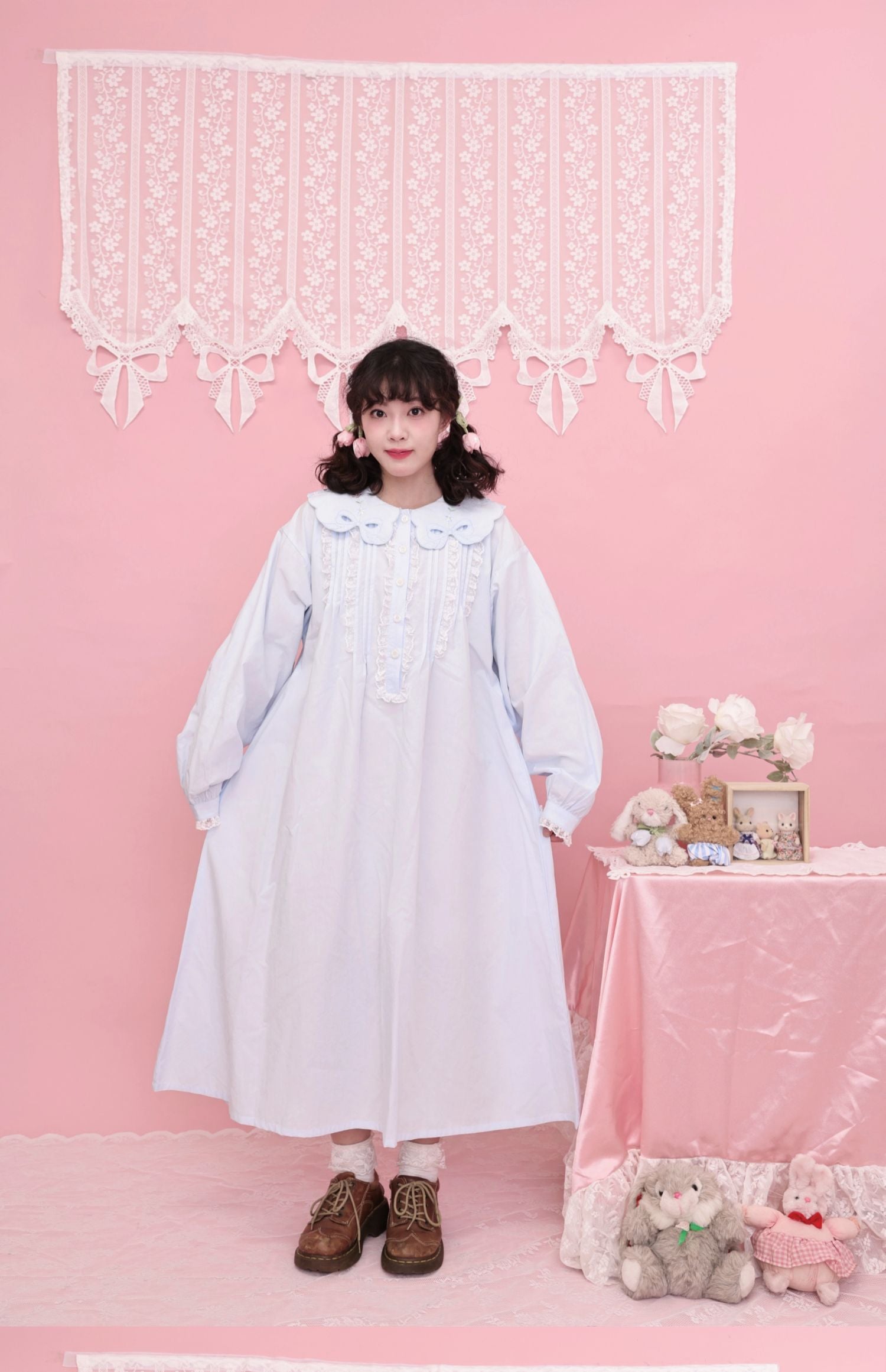 Kawaii Embroidered Dress - Blue Cotton Lace Trim Long Sleeve - SemenCoicis | Land Decora Kawaii Embroidered Dress - Blue Cotton Lace Trim Long Sleeve - SemenCoicis | Land Decora