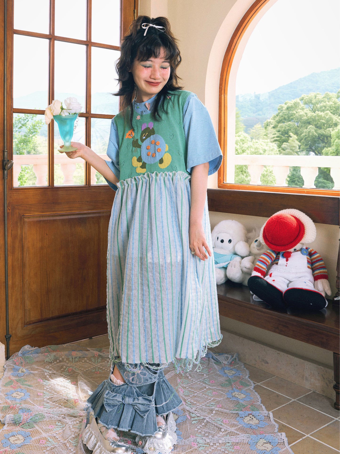 Harajuku Dress Knitted Jacquard Dress Ladybug Handmade Dress Mesh Vest Dress dress HELPHELP