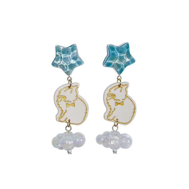 StrangeLab Shibuya Girl Earrings | 3D Cloud Cat Earrings | Vintage Ear Cuff Studs earrings strangelab