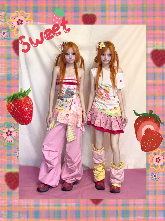 YJM with biubiu Strawberry Skirt | Asymmetrical Low-Waist Skirt with Shorts skirt YJM with biubiu