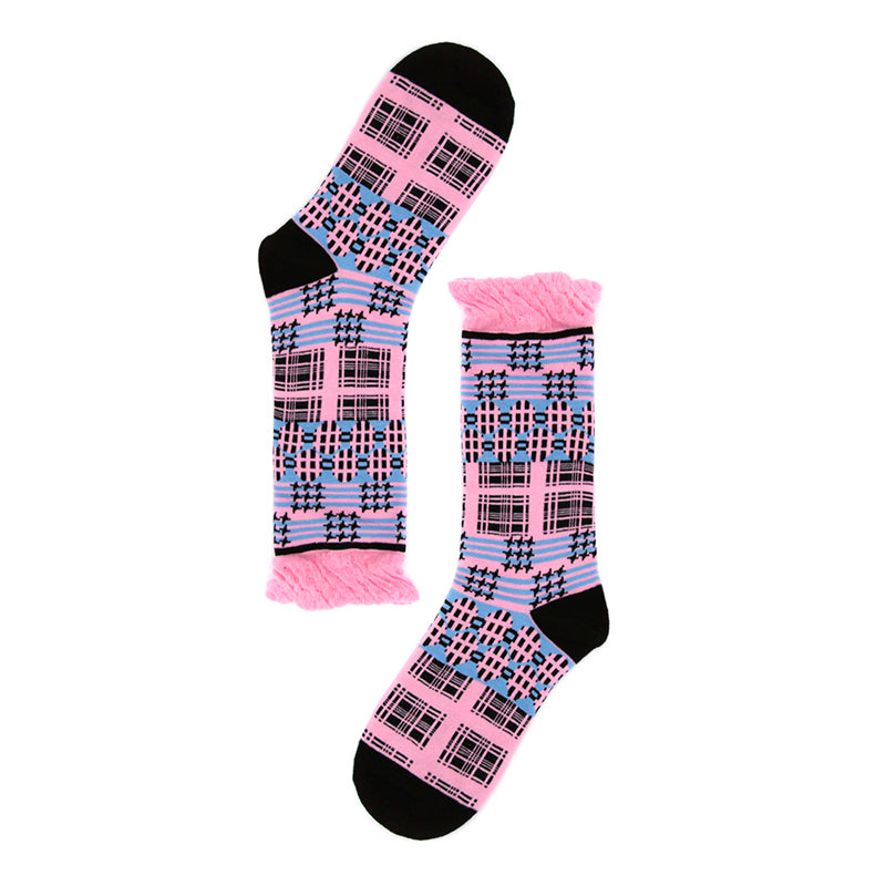 tntntutu Decora Kei Socks | Pink & Black Plaid Socks | Ruffle Bubble Mid-Calf Socks sock tntntutu
