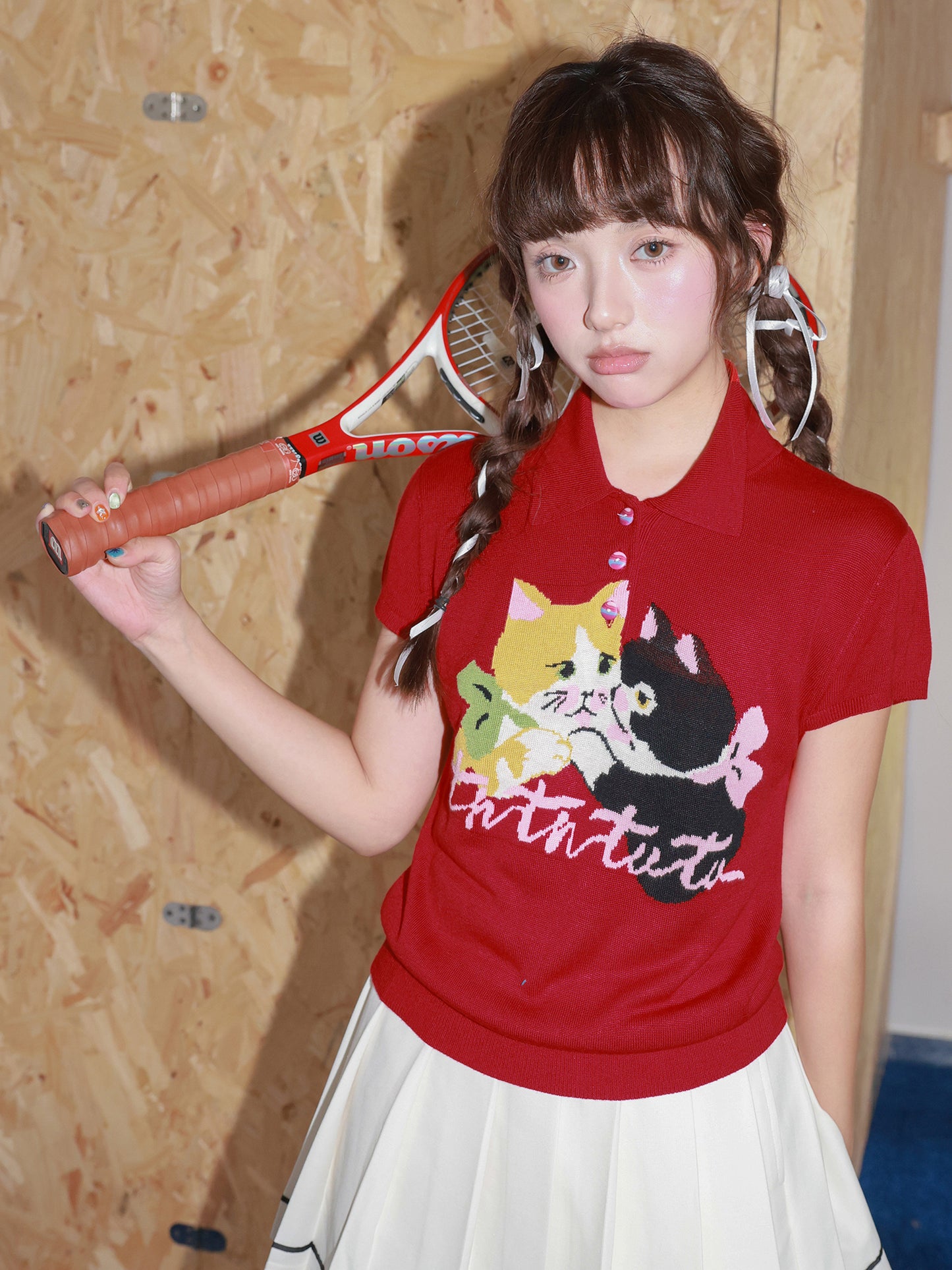 Tntntutu - Kawaii Red White Cat Knit Polo Shirt shirt tntntutu