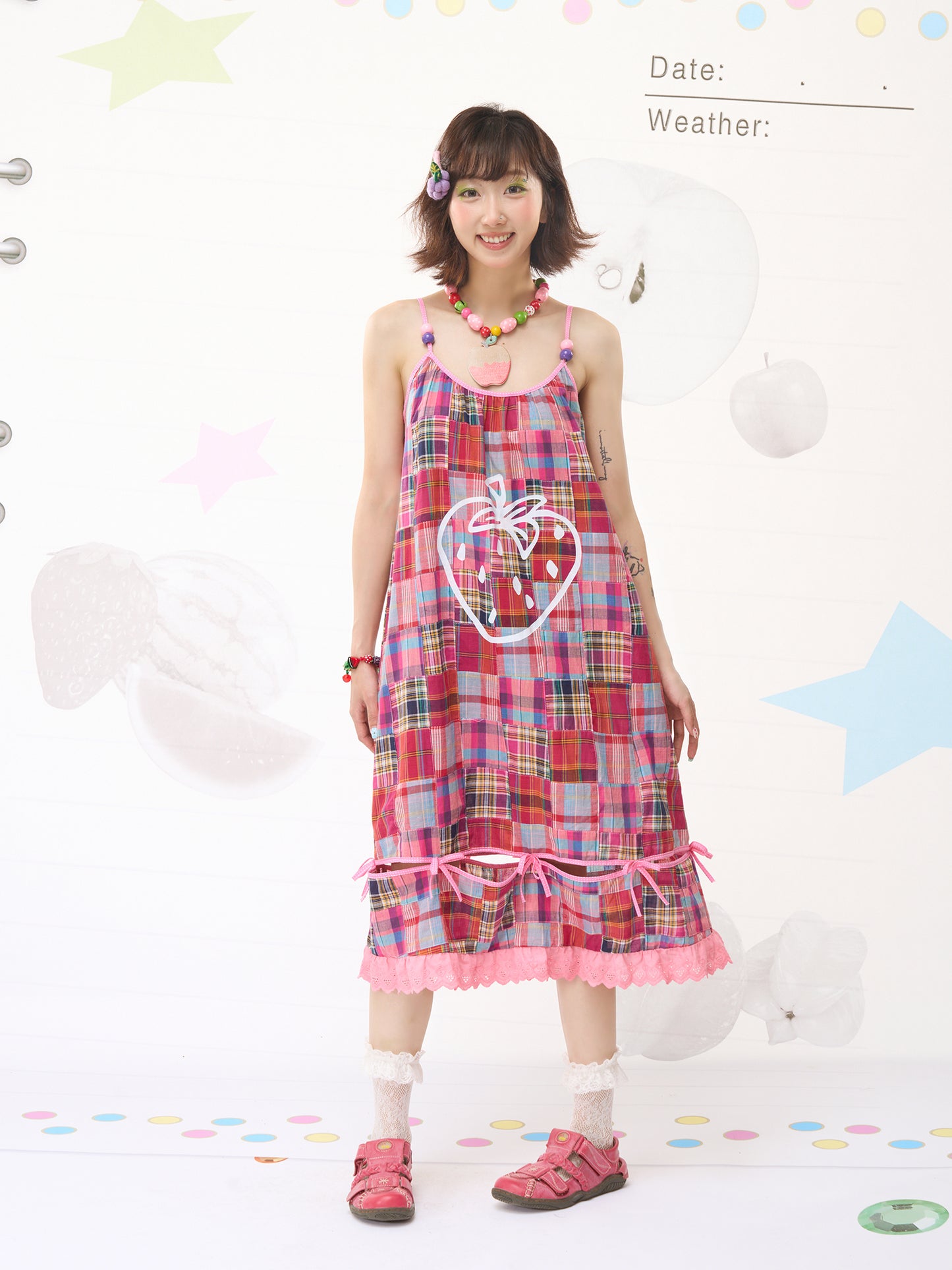 FRUITS Checkered Dress | Red Patchwork Strap Dress dress Fruits