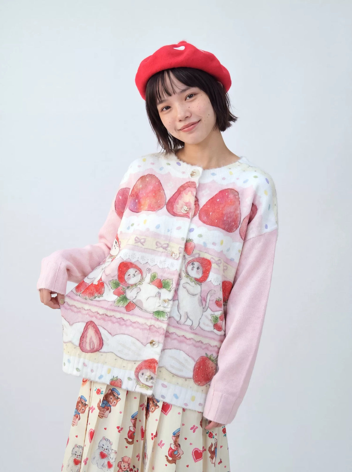 MeowMeow Bug - Strawberry Cake Cat Print Knit Cardigan cardigan MeowMeow Bug