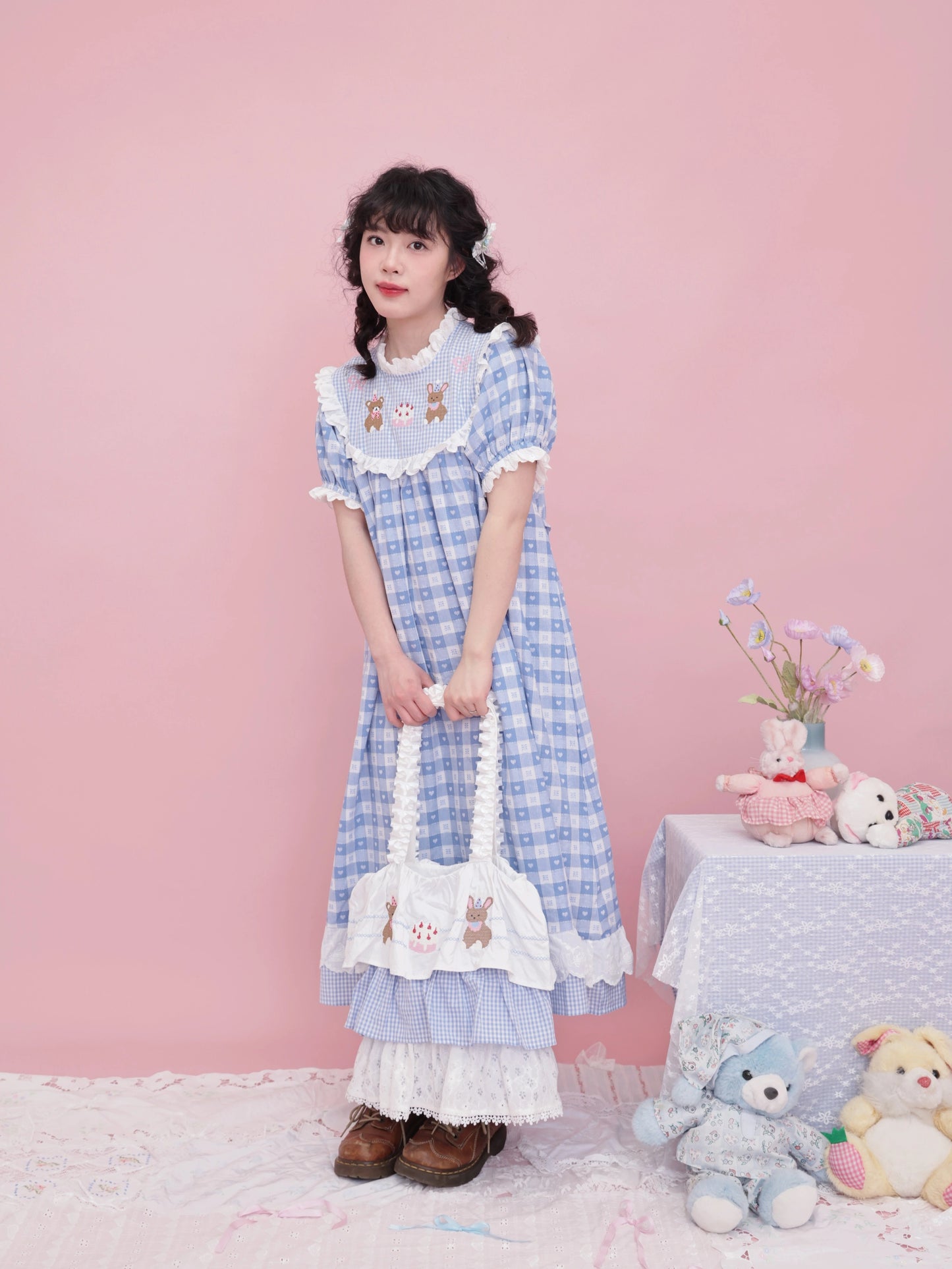 SemenCoicis Vintage Puff Sleeve Dress | Kawaii Embroidered Jacquard Check Dress dress SemenCoicis