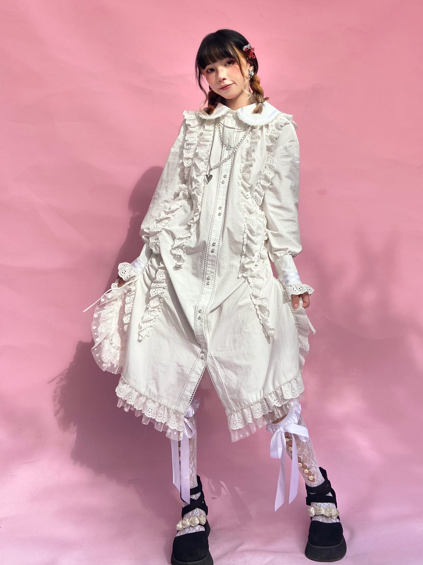 ShiChang White Punk Dress | Sweet-Cool Cotton Dress | Vintage Girl Aesthetic dress ShiChang