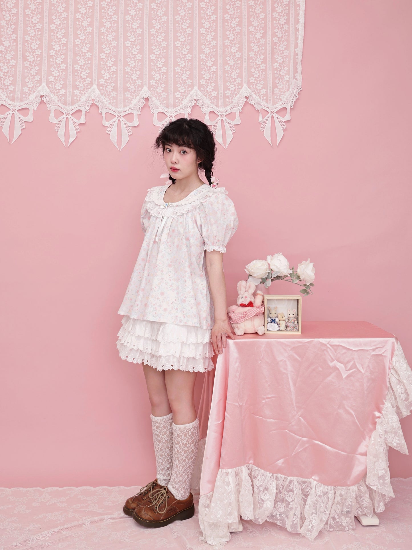 SemenCoicis – Vintage Rose Print Puff Sleeve Top with Butterfly Lace Embroidery blouse SemenCoicis