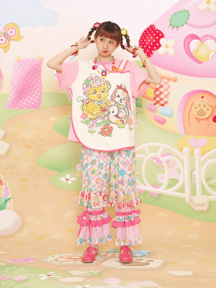 Lutra Jump Pants Patchwork Printed Pants Plaid Pink Elastic Cake Pants pants Lutra Jump