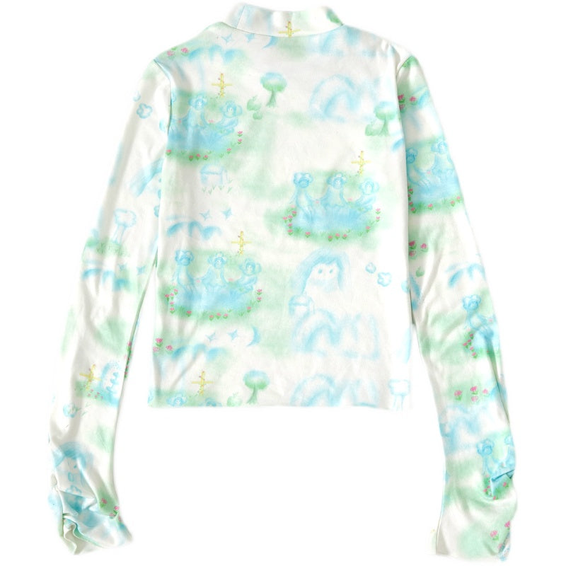 Harajuku Undershirt Blue Cute Versatile Undershirt Stand Collar Print Undershirt shirt Moon Meadow