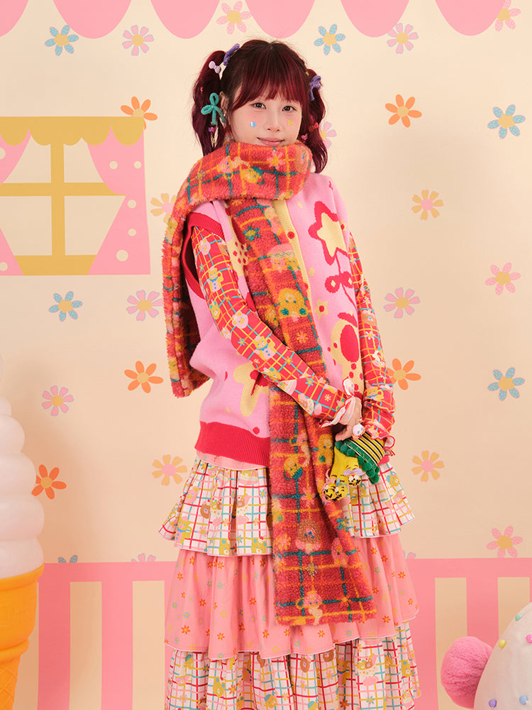 NIKKOU - Kawaii Lamb Fleece Red Scarf scarf Nikkou home