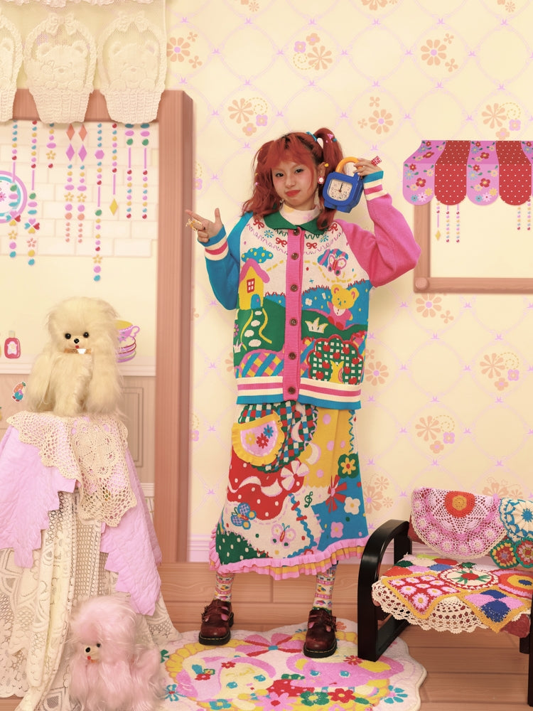 Lutra Jump Cardigan Cartoon Retro Cardigan Color-Blocked Collar Knitted Sweater cardigan Lutra Jump
