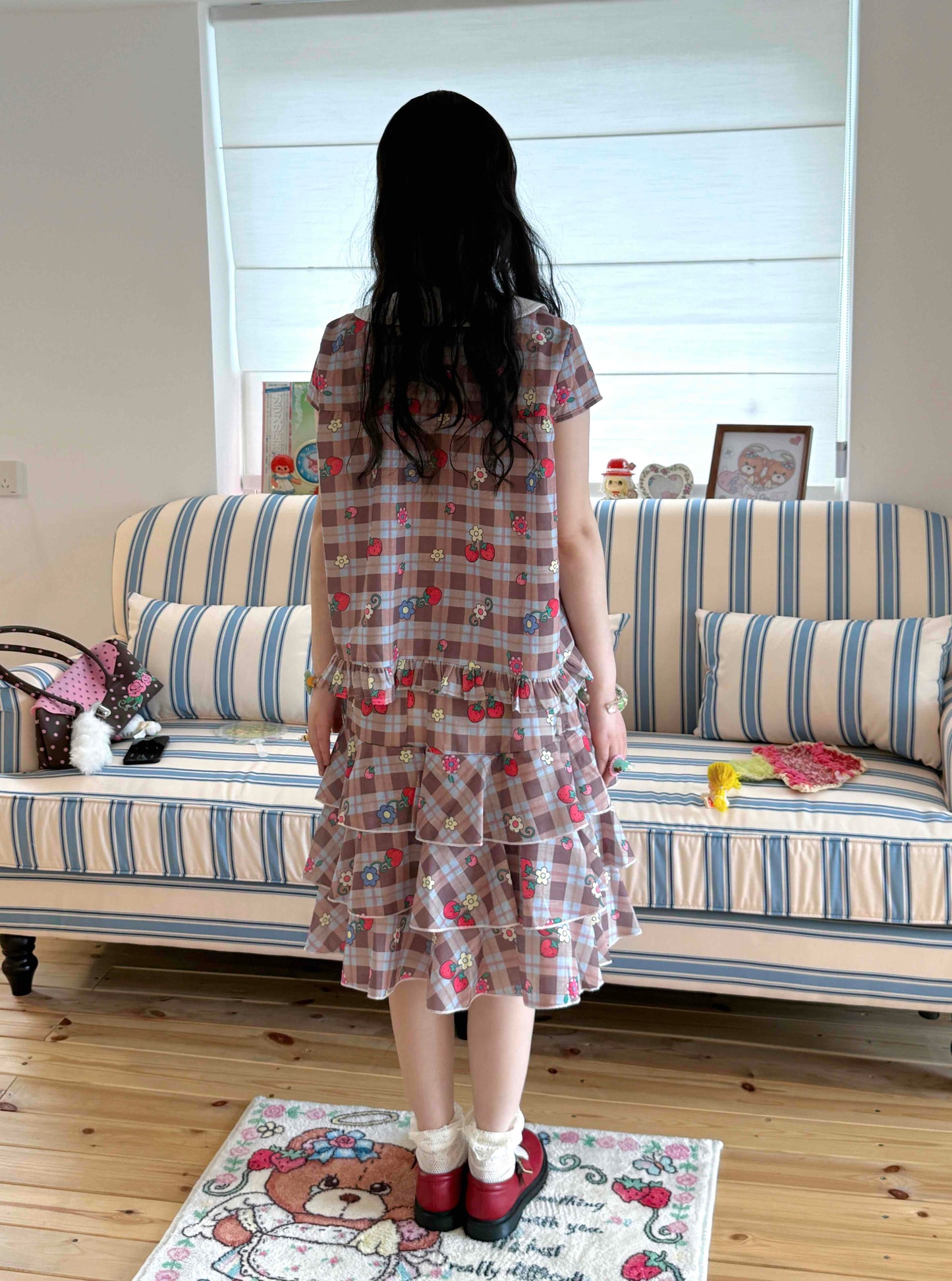 KaiXin Hostel - Strawberry Plaid Bow Shirt Set set KaiXin hostel