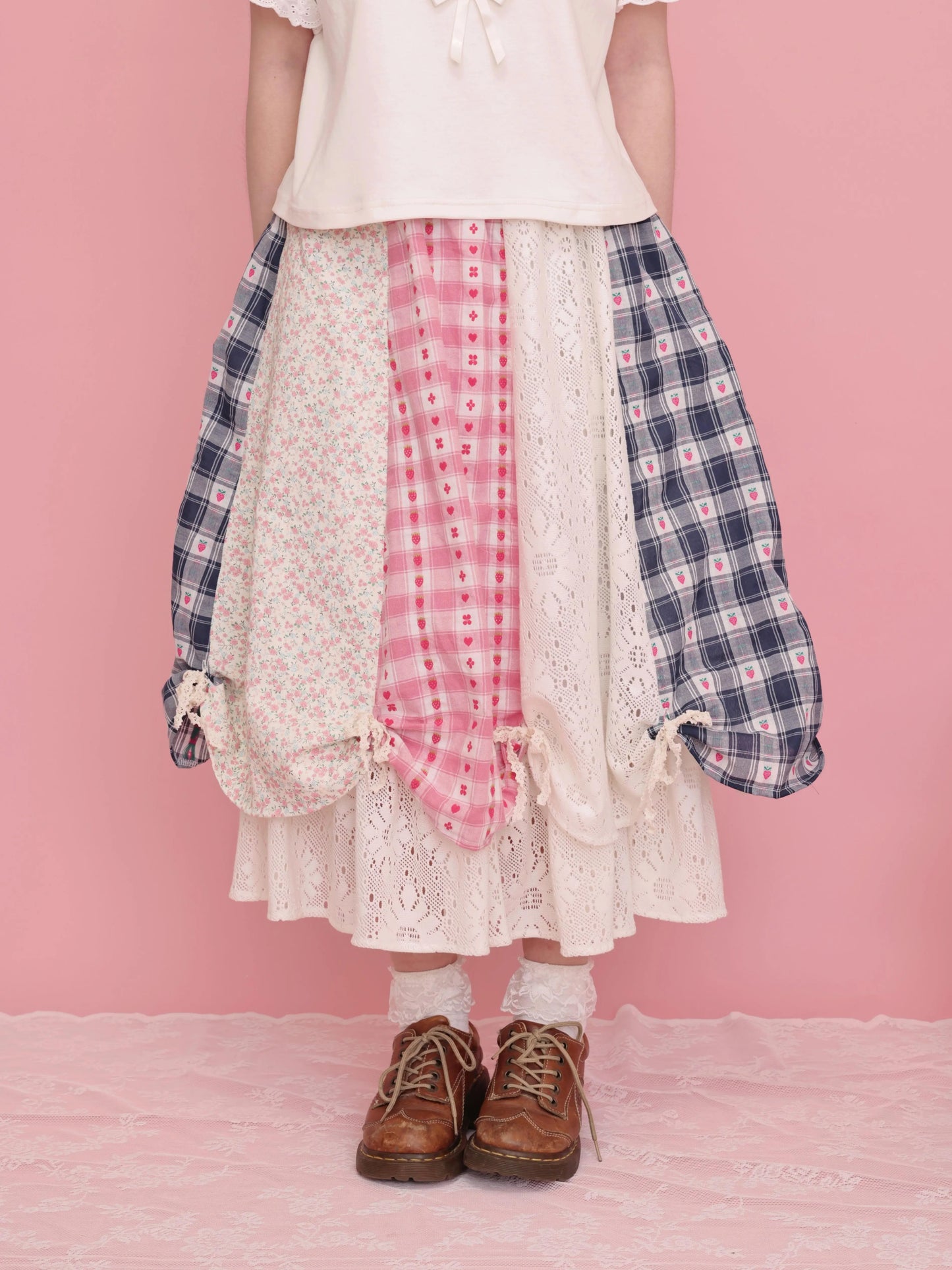 SemenCoicis Sweet Skirt Patchwork Strawberry Skirt Petal Lace Border Skirt skirt SemenCoicis