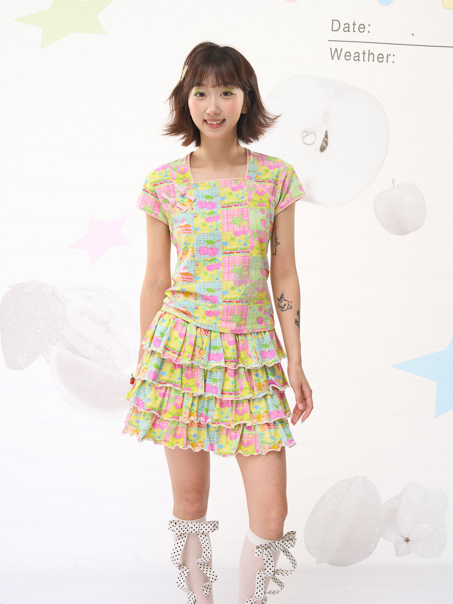 FRUITS Sweet Dream Illustrated Set | Chinese Knot Tee & Cake Skirt set Fruits