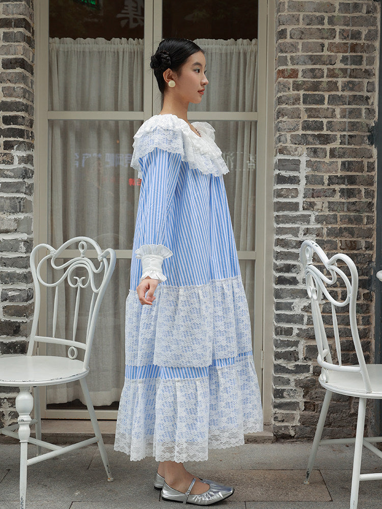 Nanjun Vintage - Blue Stripe Lace Princess Maxi Dress dress Nanjun Vintage