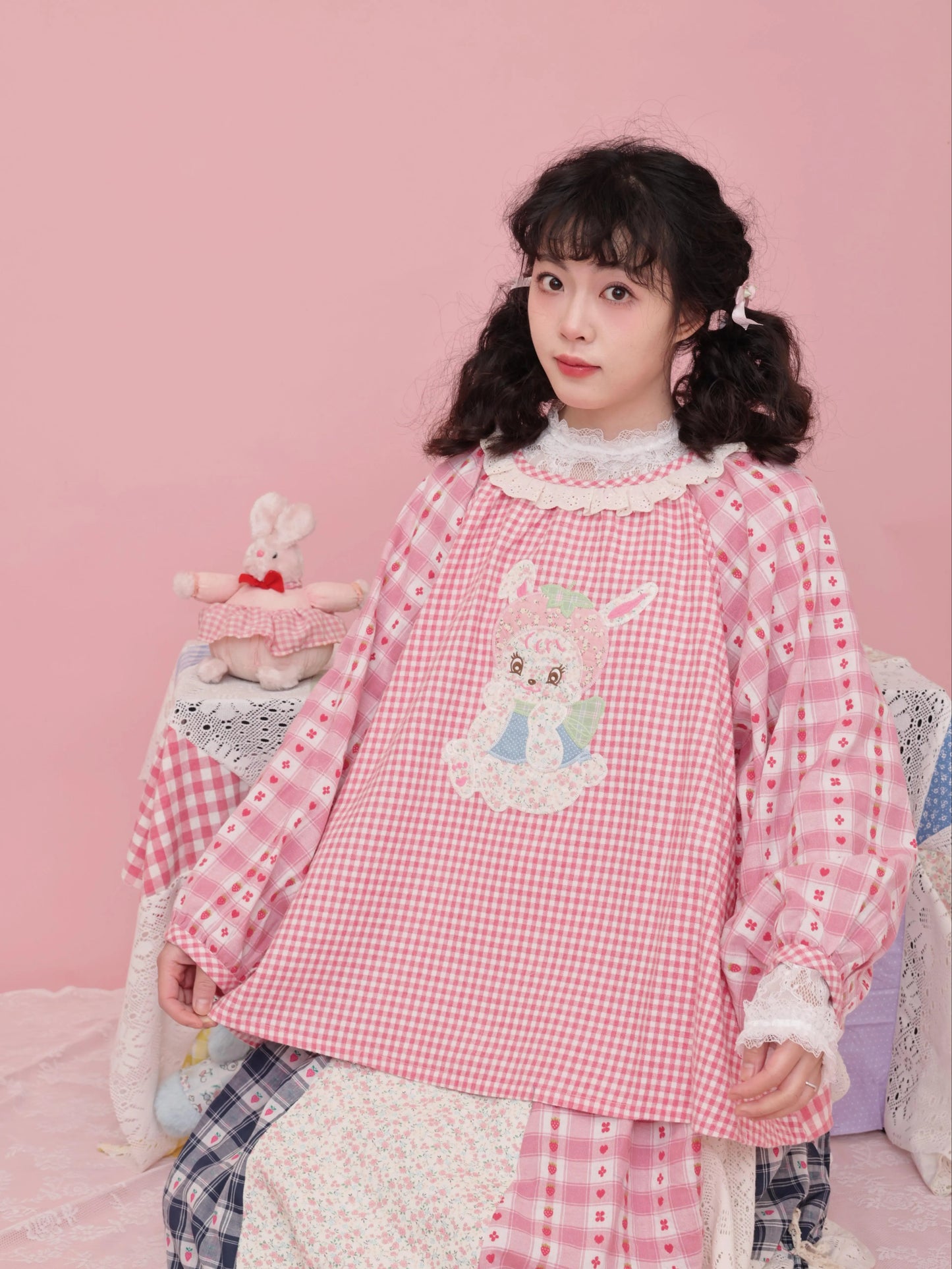 SemenCoicis Sweet Shirt Pink Plaid Blouse Strawberry Rabbit Shirt Lantern Sleeve Shirt shirt SemenCoicis
