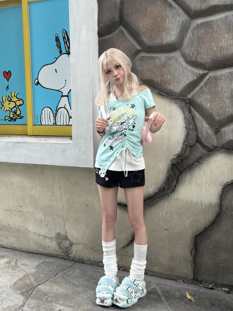 Three Poisons - Dolphin Blue Off Shoulder Top tshirt Three Poisons