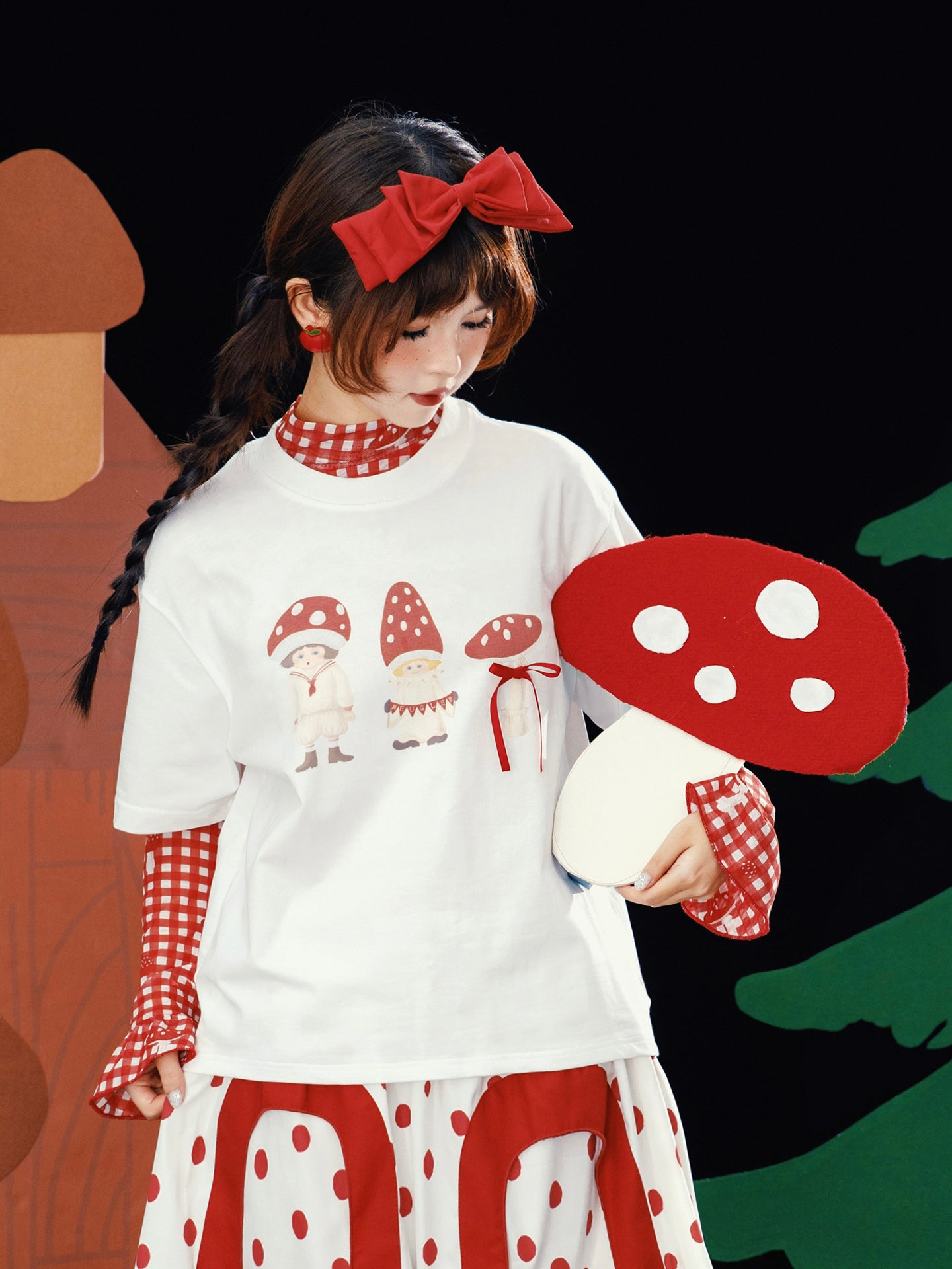 Meugler – Kawaii Red Mushroom Print Bow T-Shirt tshirt Meugler