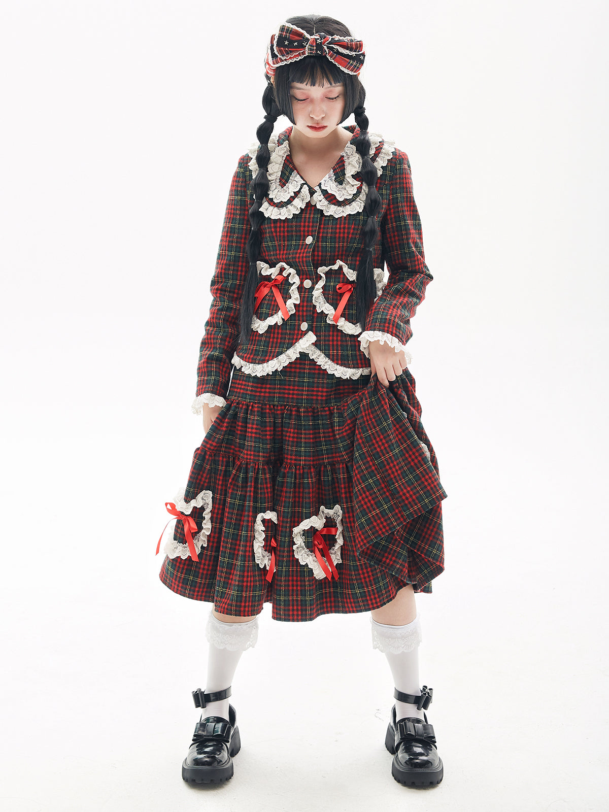 SOS MEME CLUB - Showa Retro Christmas Red Lace Trim Skirt skirt SOS MEME CLUB