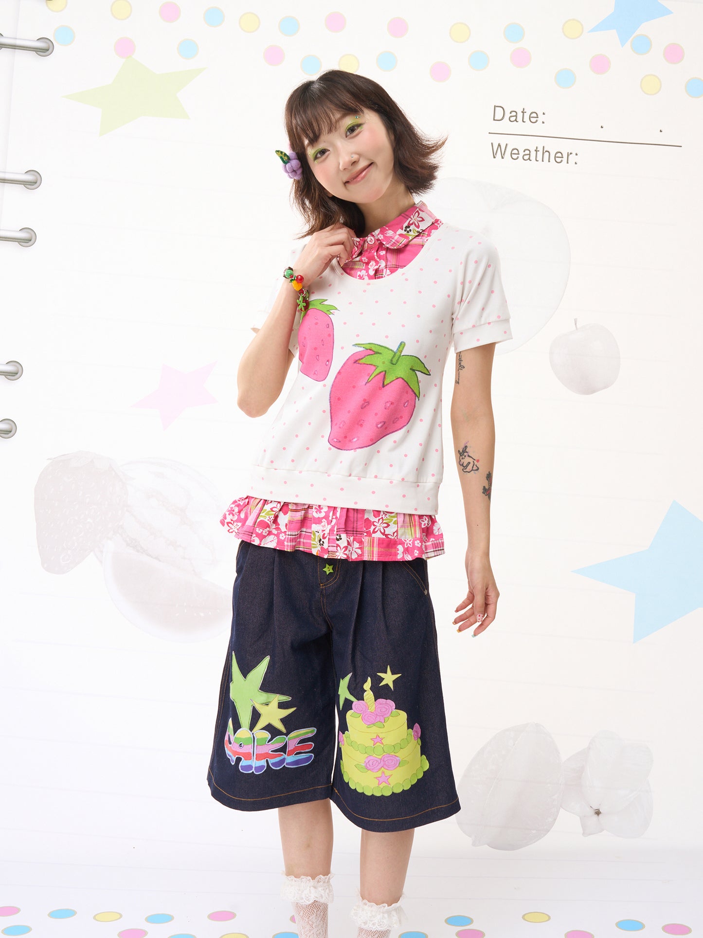 FRUITS Fun Cake Star Print Pants | Wide-Leg Denim Shorts pants Fruits