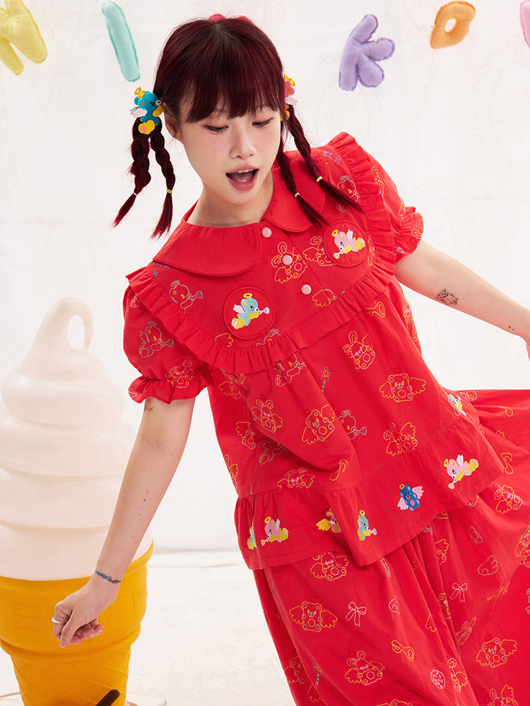NIKKOU Cute Japanese Doll Collar Blouse | Harajuku Heavy Embroidery Red Shirt blouse Nikkou home