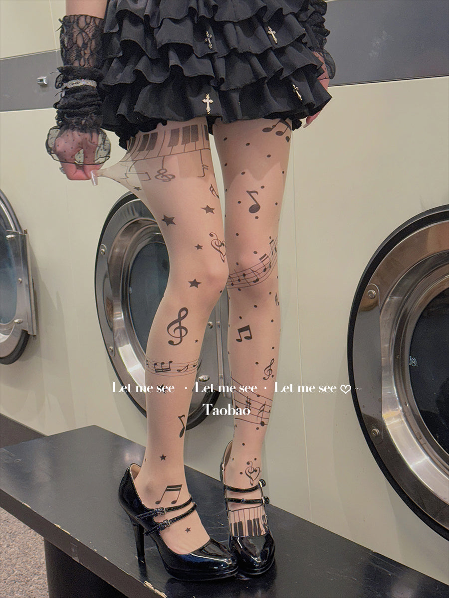 LET ME SEE Original Music Note Print Tights | Subculture Y2K Black Sheer Pantyhose tights let me see