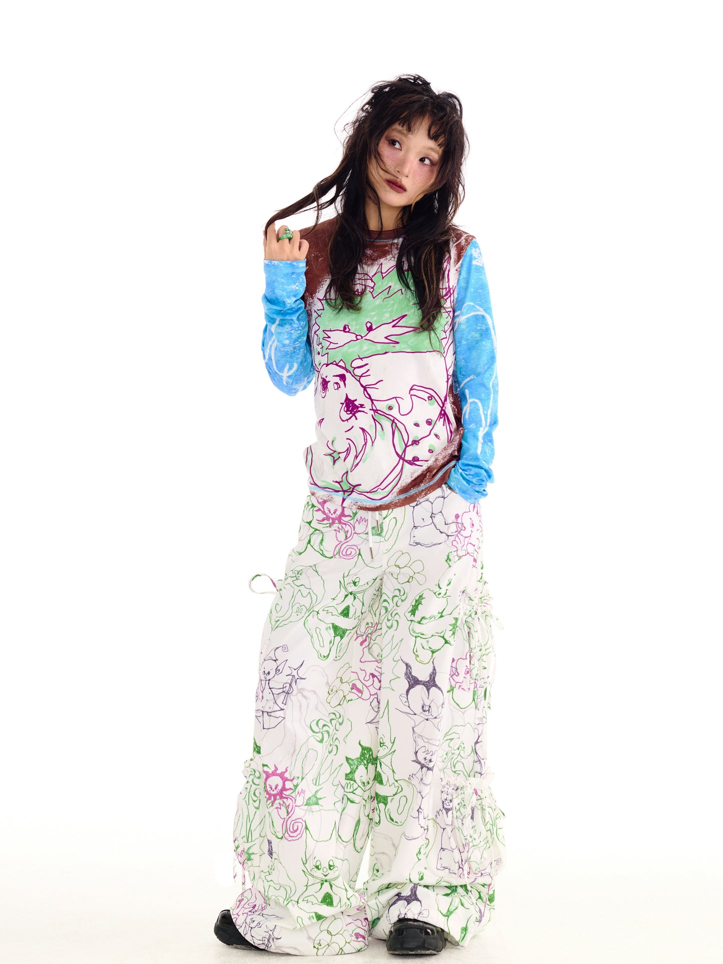 sillysis蓝色涂鸦印花宽松弹力针织长袖打底衫薄款T恤 shirt sillysis