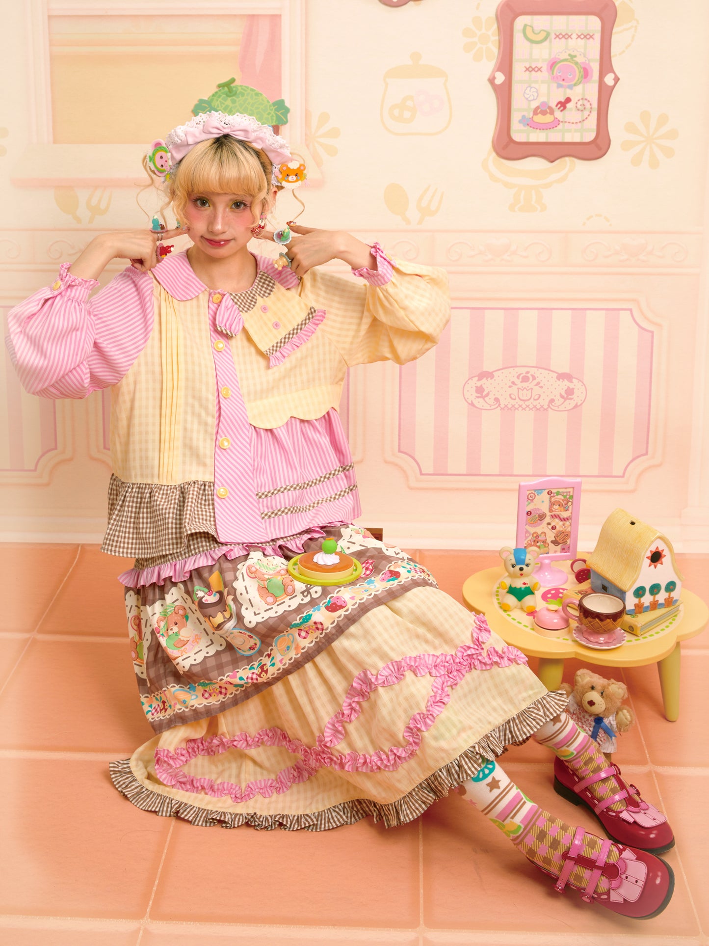 Lutra Jump - Decora Kei Pink Yellow Patchwork Shirt blouse Lutra Jump