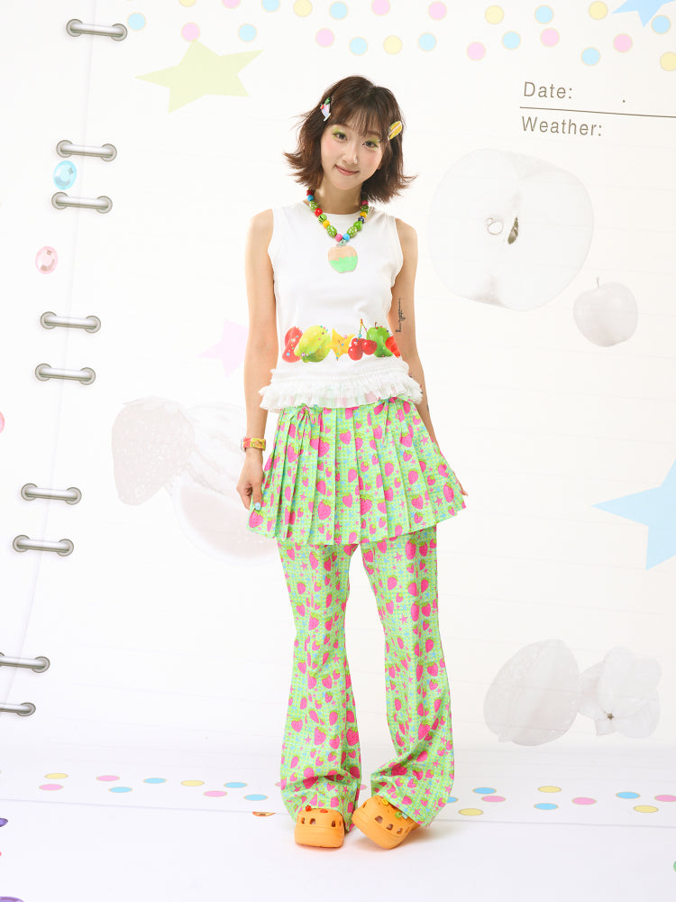 FRUITS Strawberry‑Art Pleated Skort | Decora Green Pants pants Fruits