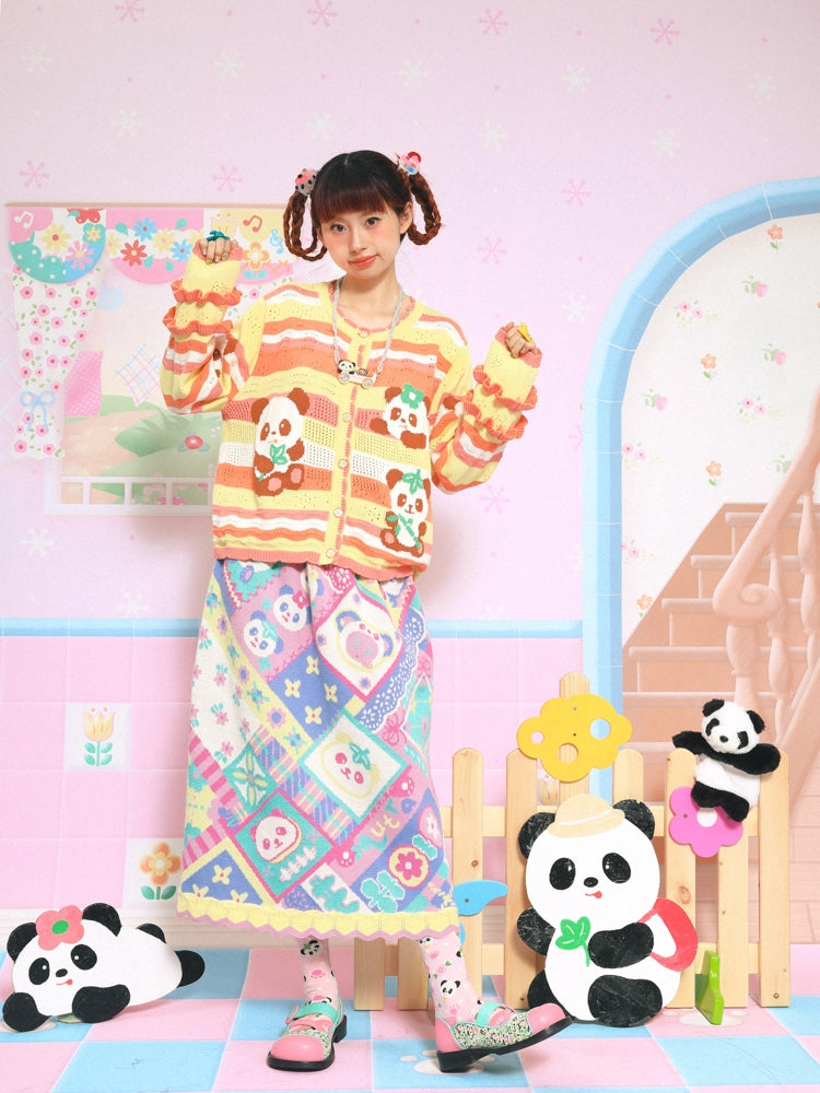 Lutra Jump Cardigan Striped Panda Cardigan Hollow Lace Knit Sweater cardigan Lutra Jump