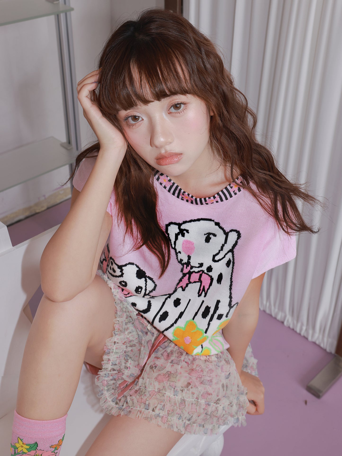 Tntntutu Pink Dalmatian Knit T-Shirt – Kawaii Harajuku Soft Girl Tee tshirt tntntutu