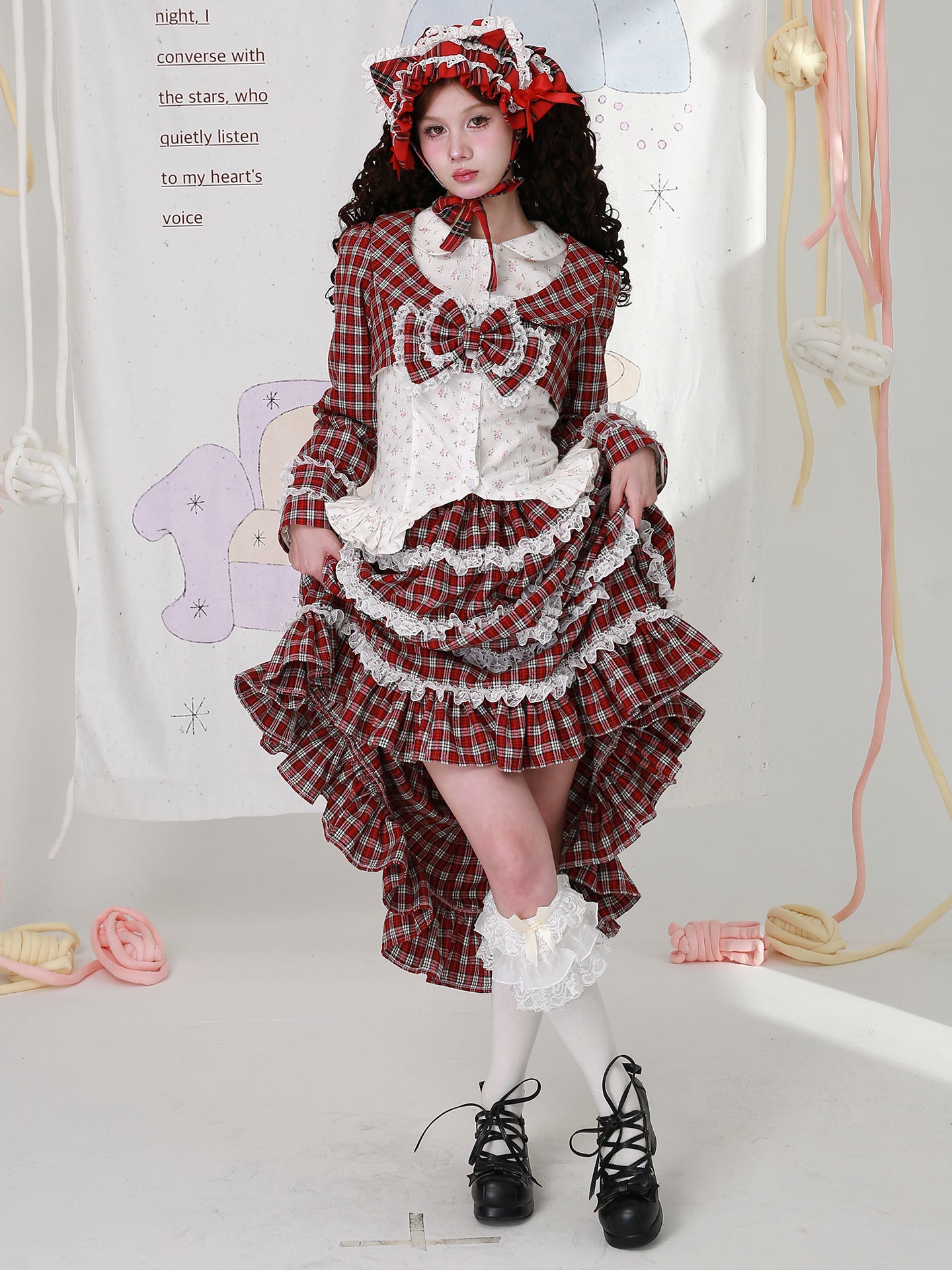 SOS MEME CLUB - Kawaii Jacket Showa Christmas Red Plaid Jacket jacket SOS MEME CLUB