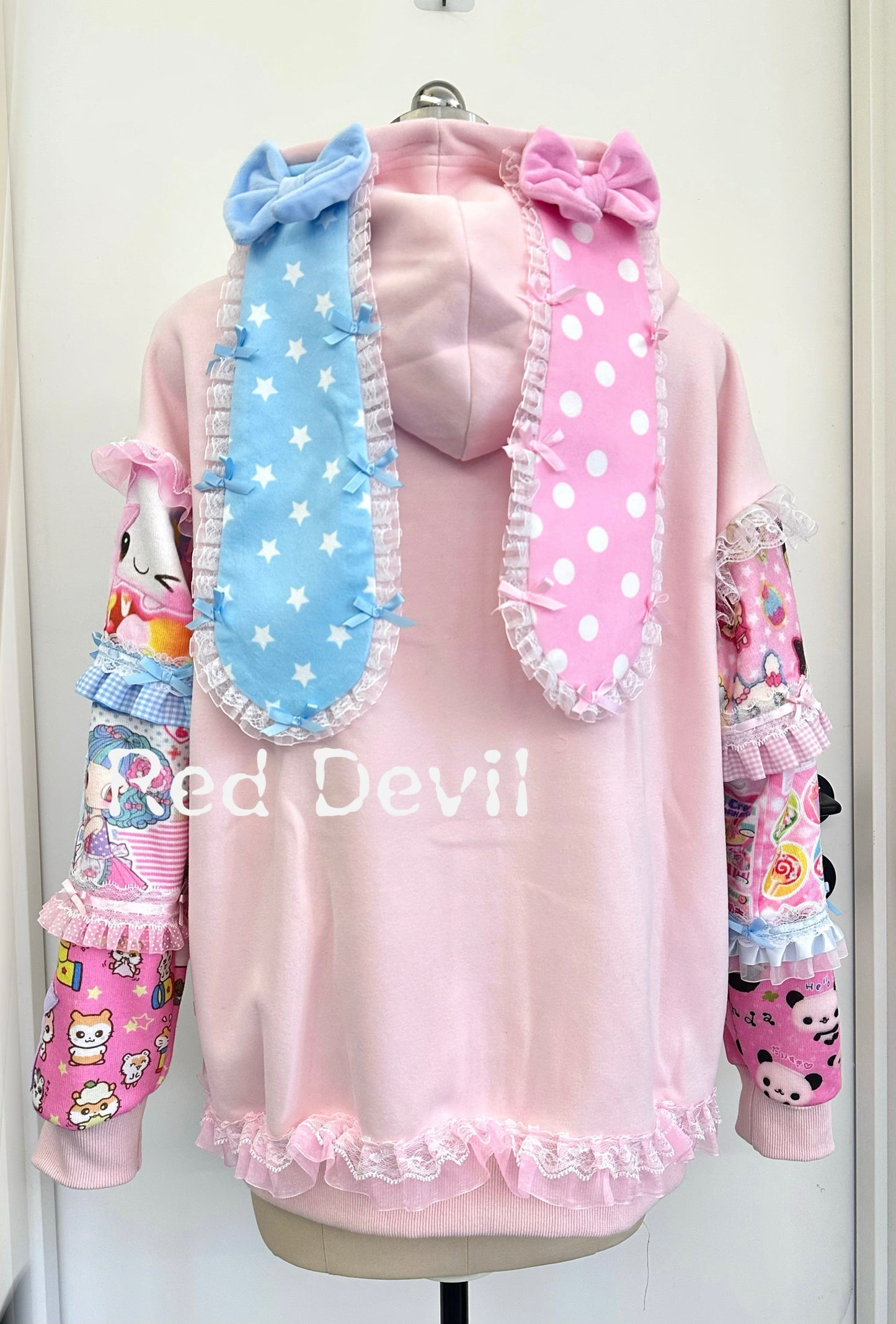 RedDevil Pink Hoodie Decora Handmade Hoodie Cartoon Patchwork Hoodie Rabbit Ear Hoodie hoodie Red Devil