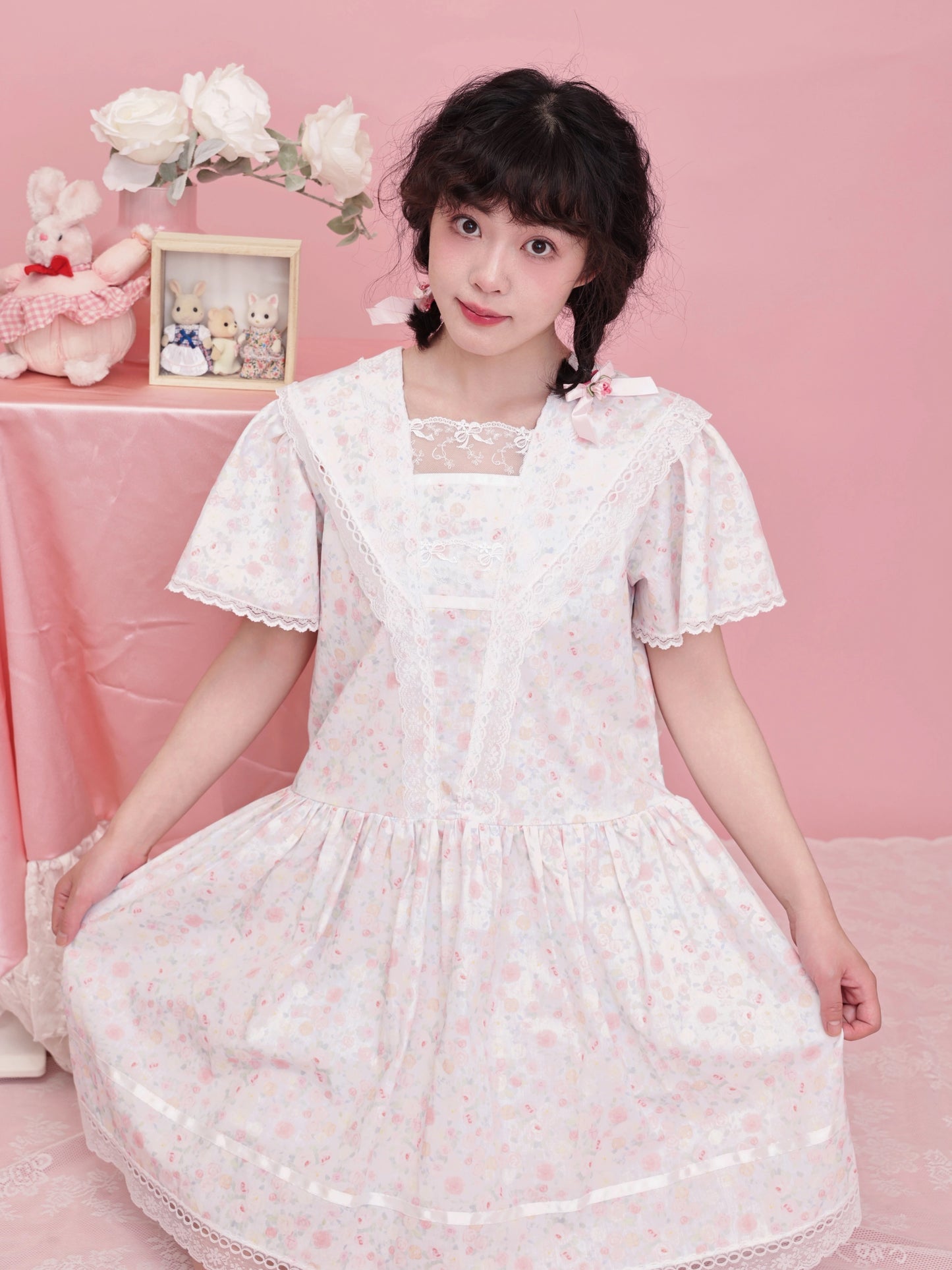 SemenCoicis – Vintage Rose Print Sailor Collar Lace Dress Retro Girl Aesthetic dress SemenCoicis