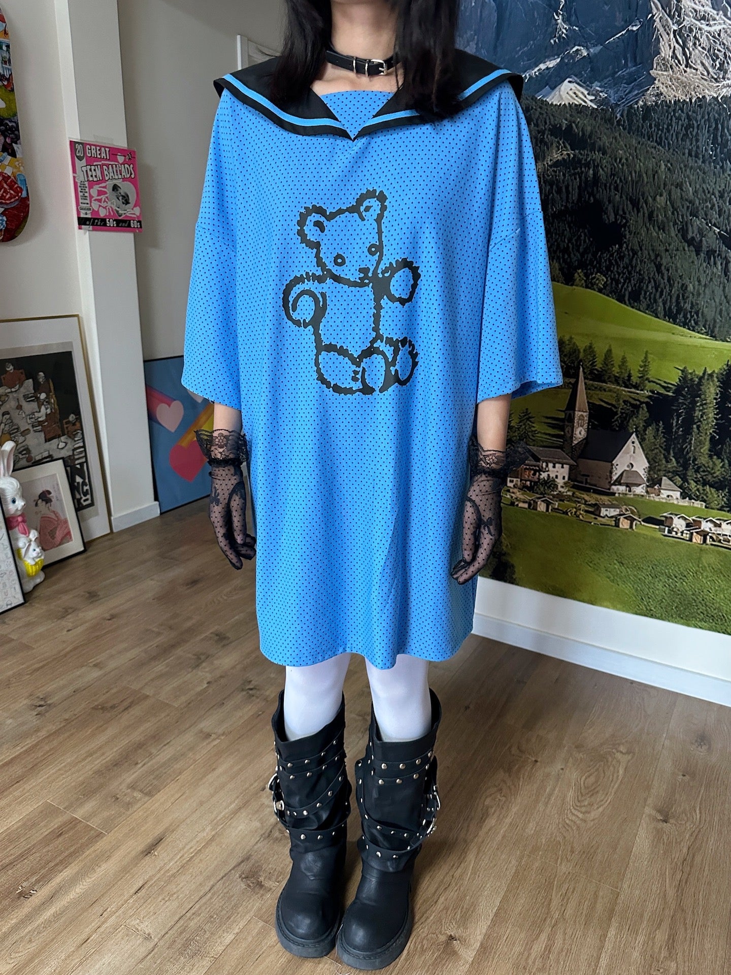 BunnyBunnyGun - Oversize T Dress Blue Polka Dot Sailor Collar dress bunnybunnygun