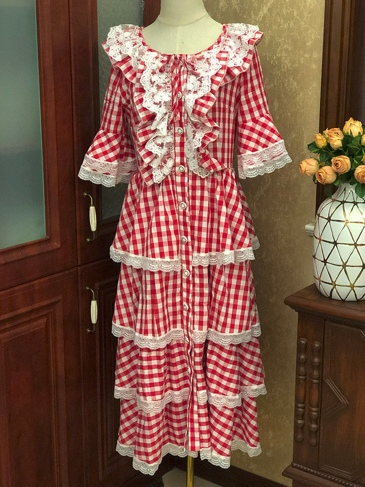Nanjun Vintage - Red Plaid Lolita Cake Dress dress Nanjun Vintage