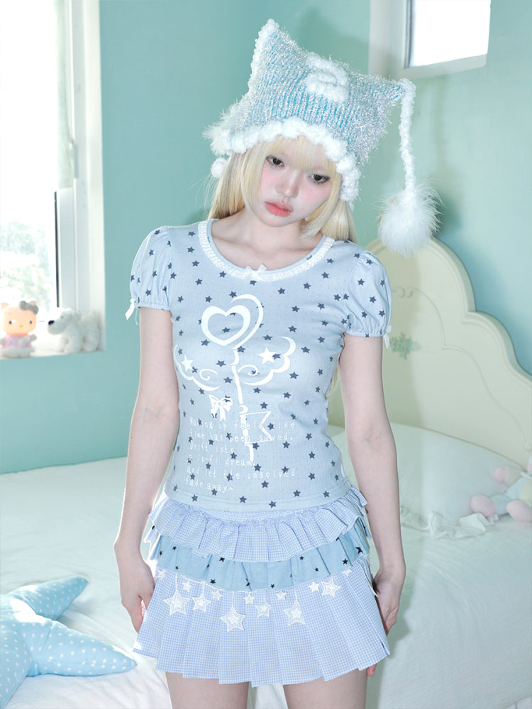 Hashtag DDD – Blue Star Fitted T-Shirt with Lace Trim tshirt Hashtag DDD