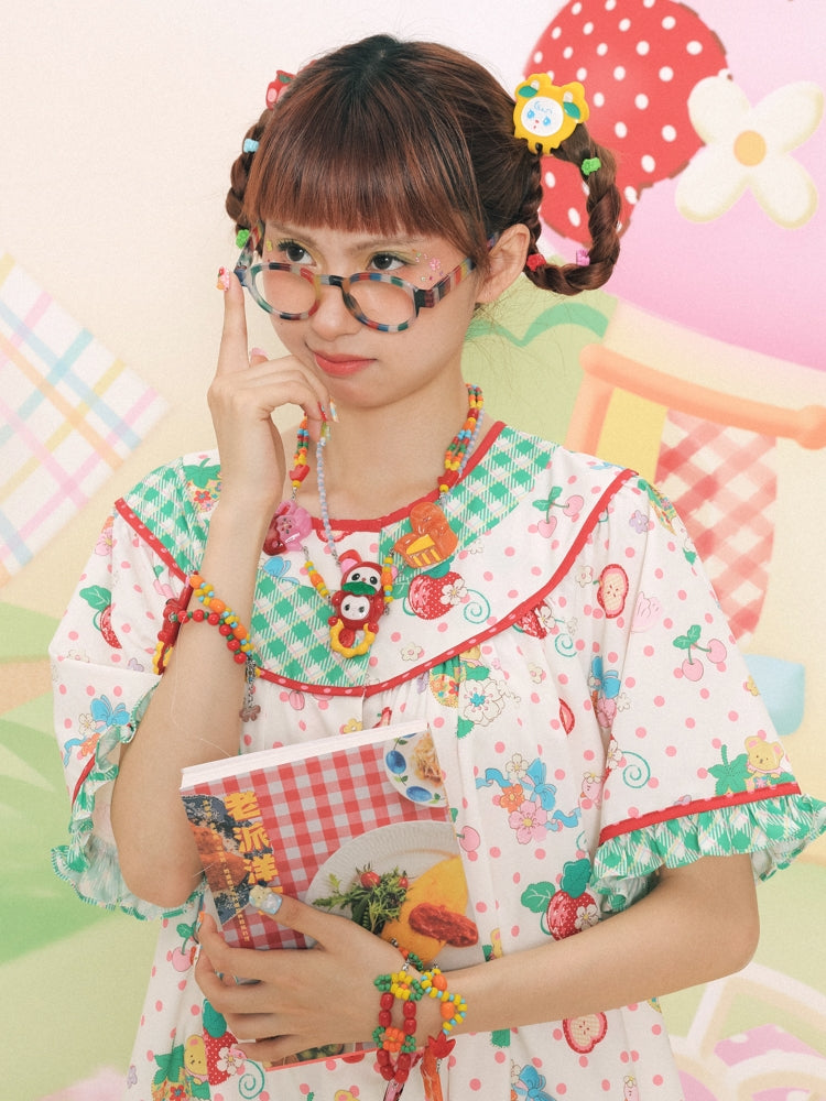 Lutra Jump Dress Strawberry Bear Dress Green Plaid Loose-Fit Dress dress Lutra Jump