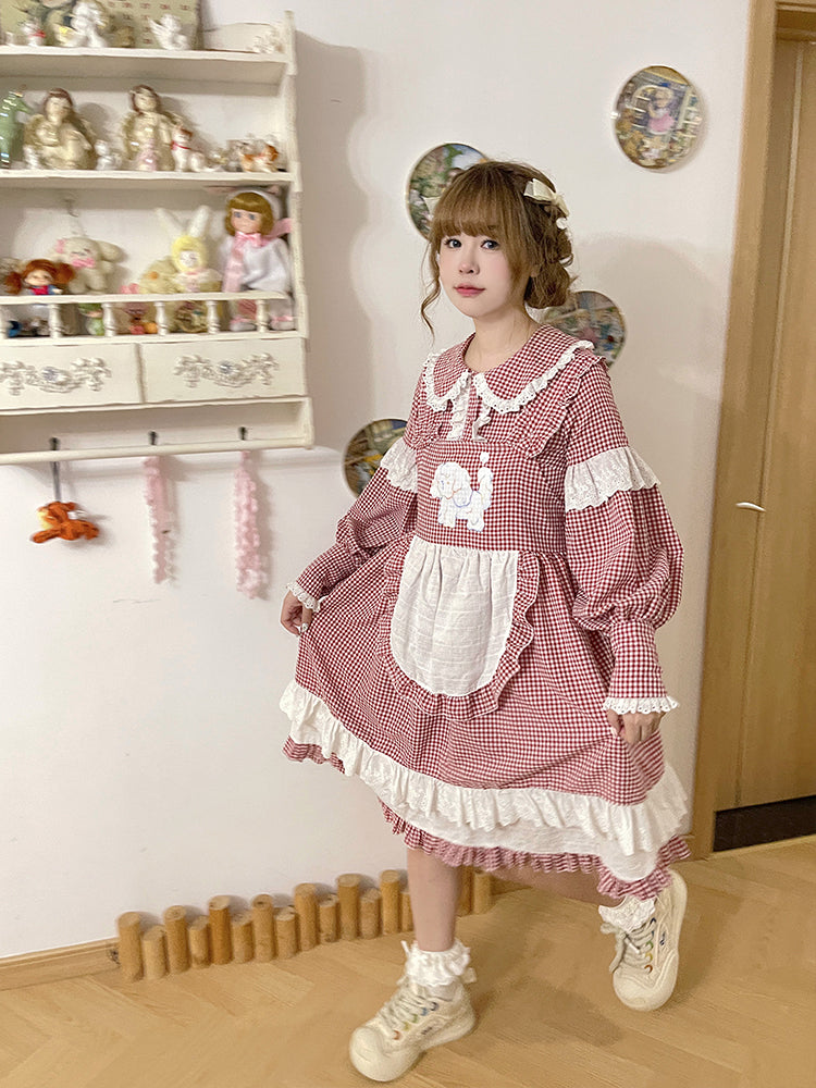 Labeau - Kawaii Puppy Plaid Suspender Dress Cotton dress Labeau