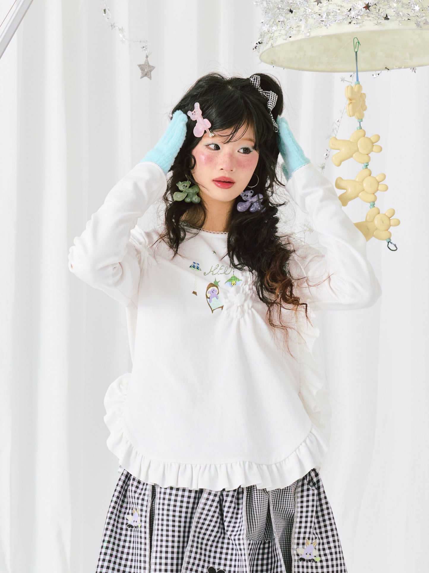 Harajuku T-shirt White Cotton Ruffled Lace Colorful Graffiti Print Long Sleeve T-Shirt shirt HELPHELP