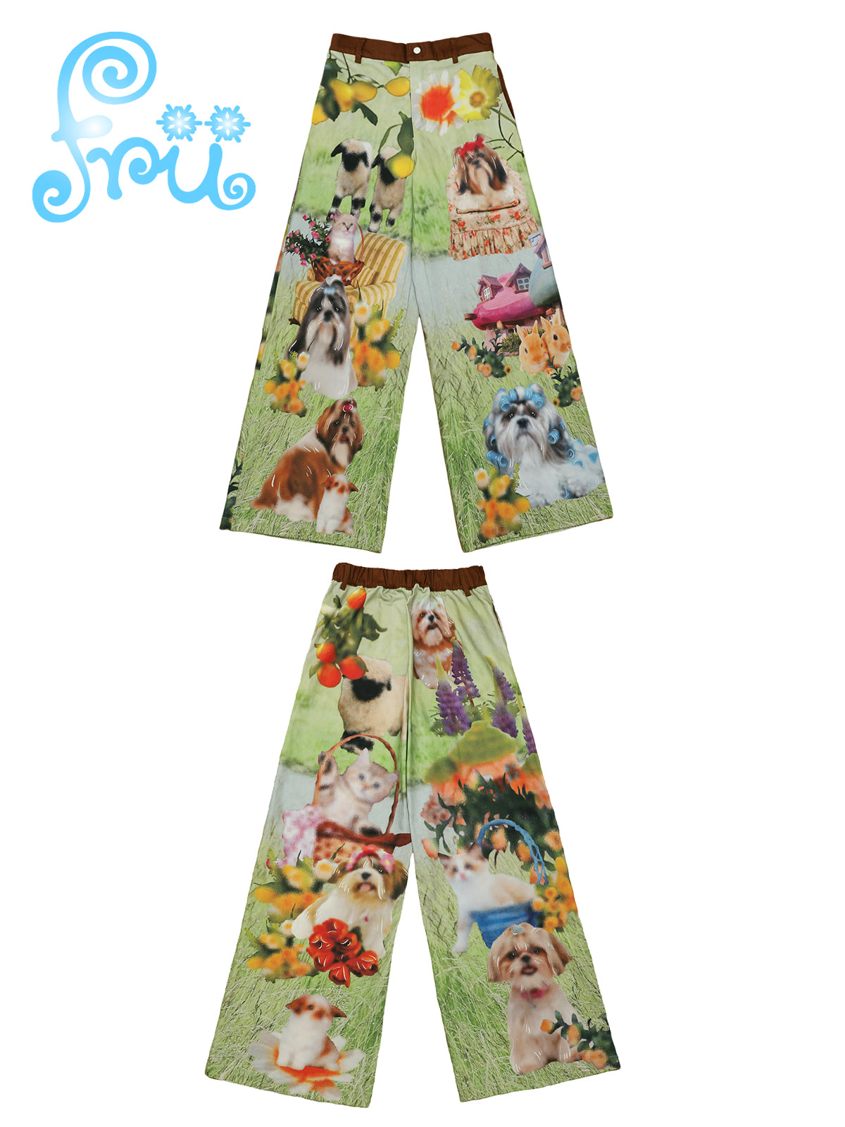 frufru Green Dog Print Pants | Wide-Leg Casual Pants | Cotton Vintage Pants pants frufru
