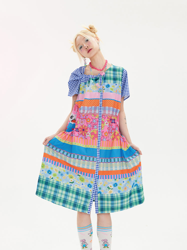 Tntntutu Colorblock Dress | Floral and Checkered Print Dress | Bunny Applique Dress dress tntntutu