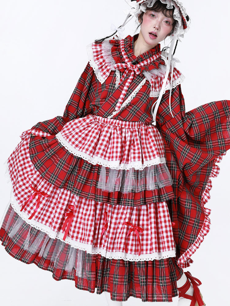SOS MEME CLUB – Showa Red Plaid Modified Kimono Skirt skirt SOS MEME CLUB