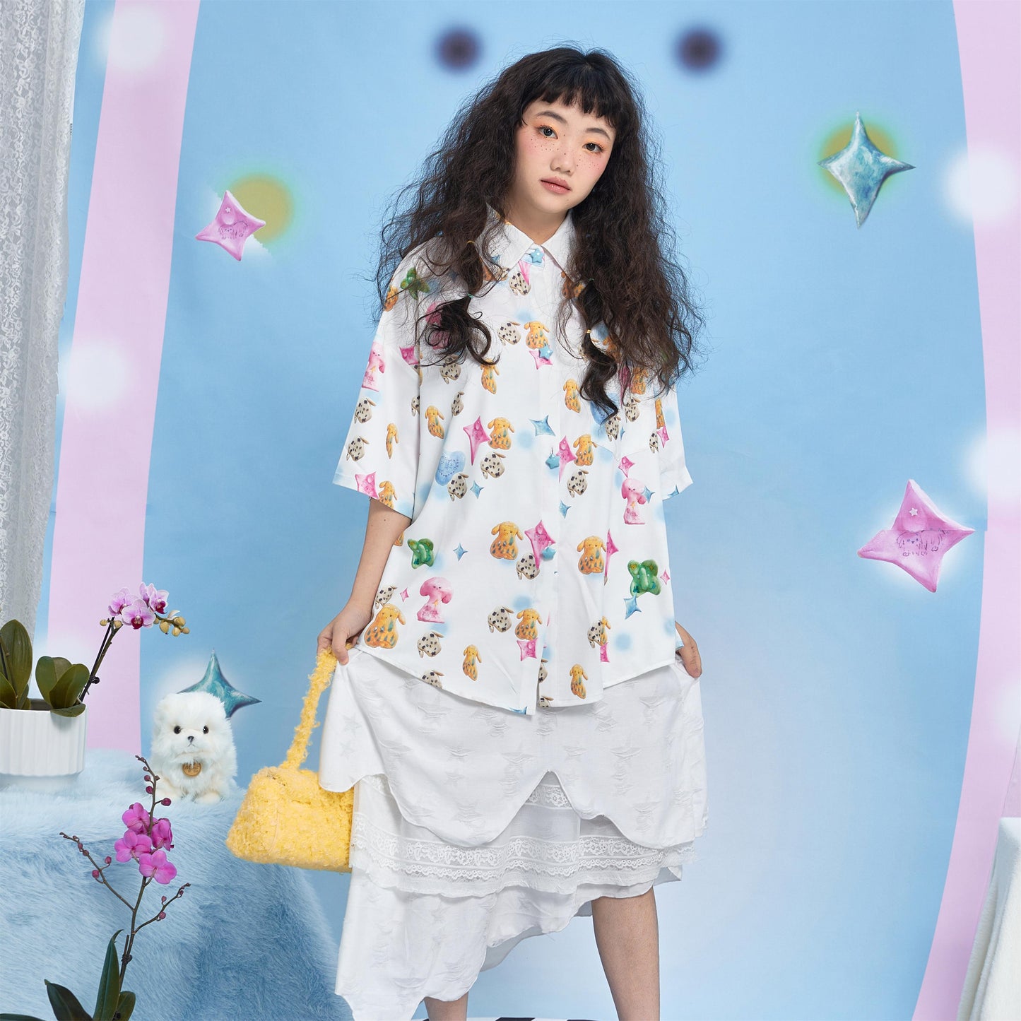 Harajuku Shirt White Dog Print Shirt Cute Summer Short Sleeve Shirt shirt Moon Meadow