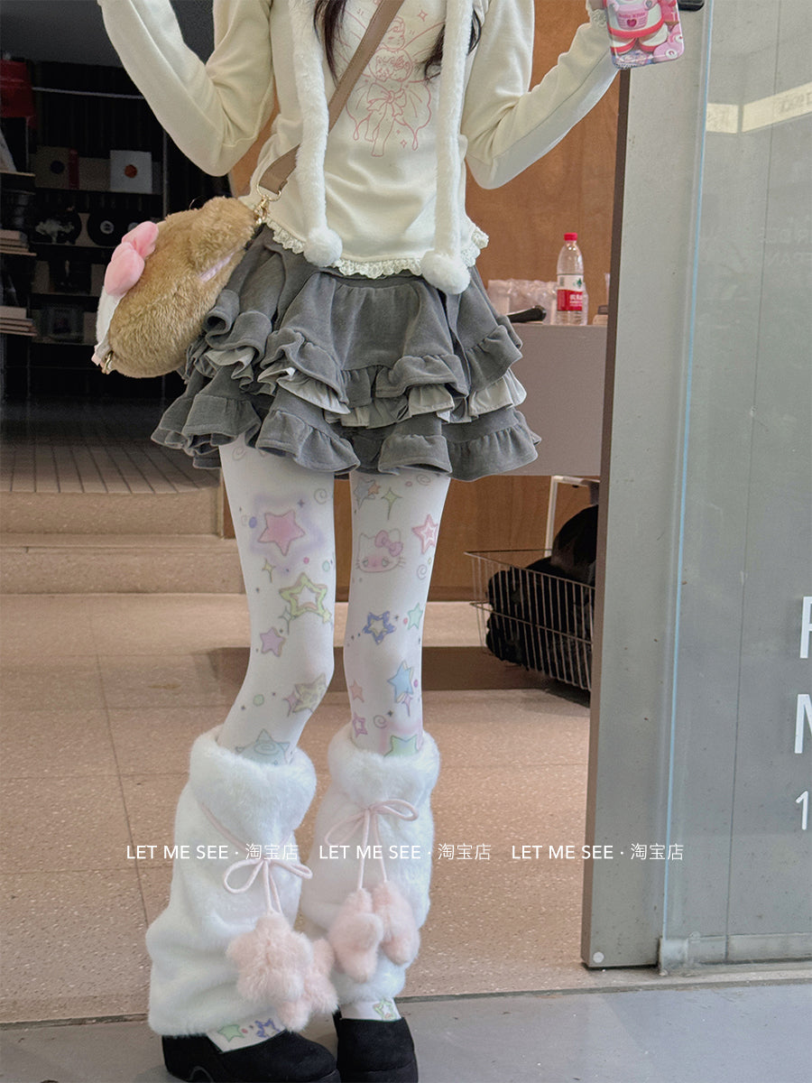 LET ME SEE Printed Velvet Tights | White Japanese-Style Pantyhose tights let me see
