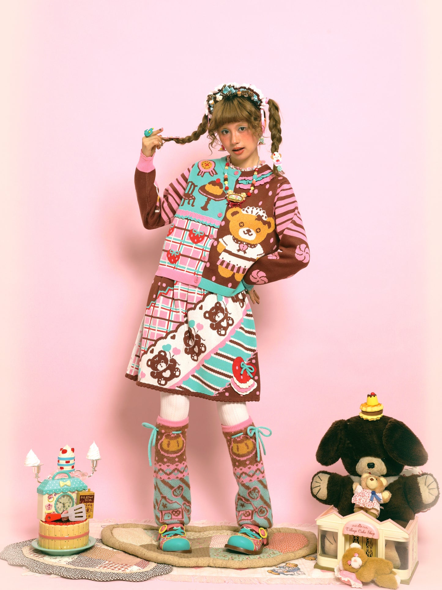 Lutra Jump - Kawaii Bear Stripe Knit Elastic Waist Skirt